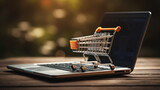 Fototapeta  - E-Commerce Concept: Online Business with Shopping Cart and Laptop Model