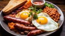 Full English Breakfast On A Plate With Fried Eggs, Sausages, Bacon, Beans, Toasts And Coffee On Dark Stone Background. With Copy Space. Top View.