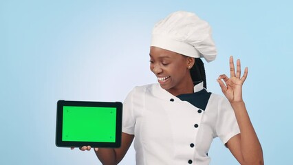 Canvas Print - Chef, pointing and woman with tablet, green screen or mockup with food blog, social media or online recipe. Cooking, mobile app and portrait with menu promotion and hand gesture on blue background