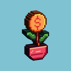 Fototapete - Isometric Pixel art 3d of coin plant decoration for items asset.Coin business plant on pixelated style.8bits perfect for game asset or design asset element for your game design asset.