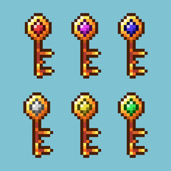 Poster - Pixel art sets of gemstone key with variation color item asset. Simple bits of key with diamond on pixelated style. 8bits perfect for game asset or design asset element for your game design asset