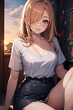 Anime - Femme en tenue décontractée, portant une jupe et un t-shirt ample laissant apparaître la poitrine, avec le coucher de soleil en fond