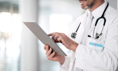 Poster - Doctor person, hands and tablet with hospital, healthcare and wellness data in a clinic. Technology, online results and research and medical professional working and planning on the internet at job