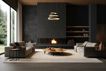 a modern living room with dark walls and a sleek fireplace. Generative AI