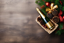 Christmas Wine Basket Top View, Festive Christmas Mockup Basket Gift, Wooden Background, Flat Lay, Christmas Season Concept
