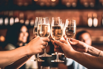 People clinking glasses with wine at restaurant