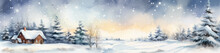 Winter Landscape With Snow Covered House In The Forest. Panoramic Banner. Generated AI