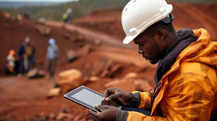 Aufkleber - African mining construction worker working in open pit quarry using digital tablet.