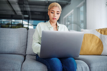 Poster - Businesswoman, alone and laptop for communication at home for financial planning, reports or email. Young, female and entrepreneur for remote work with feedback on technology, internet and web