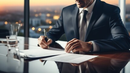 Aufkleber - executive manager hand filling paper business document on desk in office.