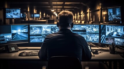 Aufkleber - Security worker looks view from security camera on monitor in control room. CCTV technology.