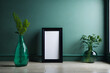 Generative KI schwarzer leerer Bilderrahmen grüne Wand und Vase