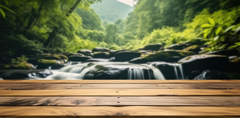 Aufkleber - Empty wooden table top with waterfall and jungle landscape background.