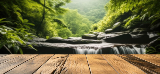 Aufkleber - Empty wooden table top with waterfall and jungle landscape background.