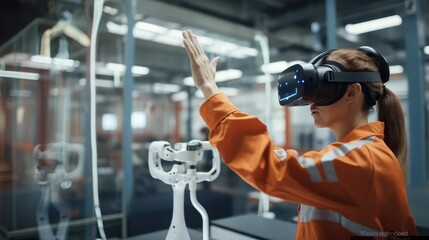 Aufkleber - Female Industrial Engineer Wearing Virtual Reality Headset and Holding Controllers, She Uses VR technology for Industrial Design,