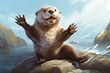 Amusing image of an otter on its back, sporting a playful smirk, effortlessly tossing rocks in the air. Generative AI