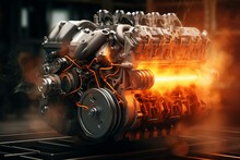 3D rendering of an explosive fuel injected V8 engine with moving pistons and mechanical parts. Technology and industry-focused. Generative AI