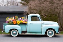 Vintage Blue Pickup Truck With Flowers In Autumn Season.