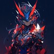 Futuristic robot warrior in red and blue armor in anime style. Dynamic pose.