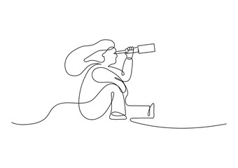 Woman sitting and looking into telescope. Girl looking forward. Future vision. Continuous line drawing.