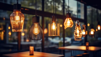 Poster - Modern pendant lights with vintage bulbs in cozy cafe.