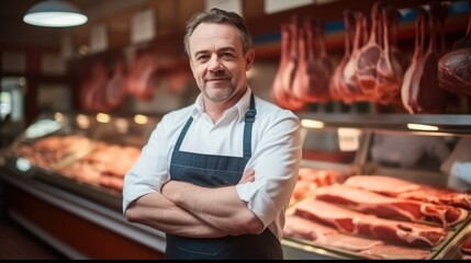 Wall Mural - Man standing in front of shelves with raw meat.