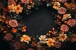 Close-up wreath with blooming flowerbeds of apricot and orange flowers on dark moody floral textured background. Generative AI