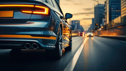 Poster - Speeding car, Car rushing along a high-speed highway.