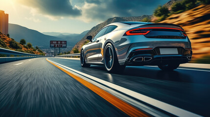 Poster - Speeding car, Car rushing along a high-speed highway.