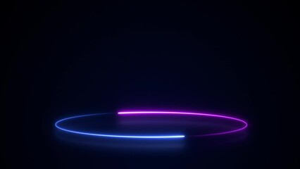 Poster - Animation of blue neon led lamp frame, empty space, ultraviolet light, 80's retro style, fashion show stage, abstract background, neon podium stage design. Abstract cosmic vibrant backlight circles