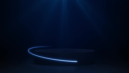 Poster - Animation of blue neon led lamp frame, empty space, ultraviolet light, 80's retro style, fashion show stage, abstract background, neon podium stage design. Abstract cosmic vibrant backlight circles