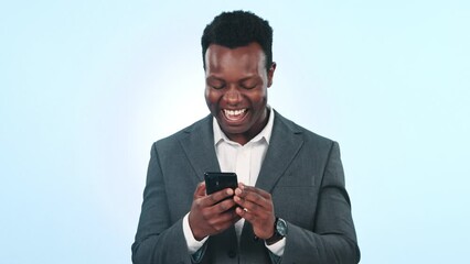 Poster - Business man, phone and shocked in studio or employment with smile or opportunity. Black person or professional, online communication and future growth, company news or excited on blue background