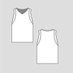 Ruffles tank top sleeveless  armhole ruffle detail v neck fashion flat sketch technical drawing cad template design vector