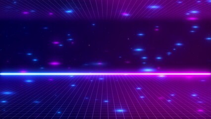 Poster - Universe Retro Futuristic 80's Background 4K. Synthwave wireframe net grid. Abstract digital background. 80s, 90s Retro futurism, Retro wave cyber grid. Deep space surfaces. Neon glow particles