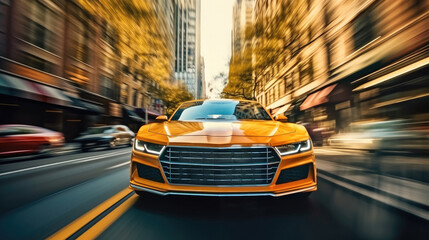 Poster - Yellow taxi car movement at high speed on city street.