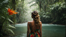 Rear View Of Woman In Tropical Rainforest With River