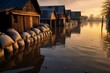 Homes safeguarded by sandbags against flood. Generative AI