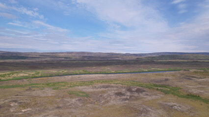 Wall Mural - The Pjorsardalur Valley, located in Árnessýsla county in between the mount Búrfell along the river Þjórsá, which is to the east and mount Skriðufell to the west, Iceland.