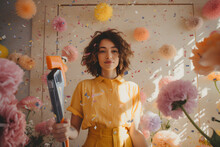 Beautiful Portrait Of Redhead Girl Posing In An Autumn Home Setting Holding Tool. Flying Pastel Flowers And Confetti. Fall Season Fashion Yellow Shirt Outfit And Style. Creative Pastel Background.