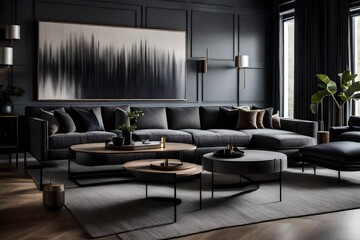 interior of a lounge, A moody modern living room with sleek, minimalist furniture in shades of gray and black