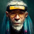 closeup cyberpunk old hermit face living in cave with vintage computer headband 