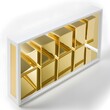 eight pieces of three by five inch rectangular gold reflective float glass sunk in a long rectangular acrylic white frame 