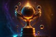 A shinning golden trophy surrounded by nebulae and planets with lots of gold coins cryptocurrencies neon lights in the background ultrarealistic 3D super detail super quality 8K realistic 