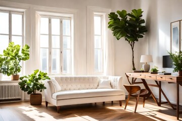 modern living room with sofa , A room bathed in soft, diffused light showcases a white fabric sofa as its centerpiece