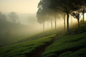 Wall Mural - A misty morning in a tea farm. Generative AI