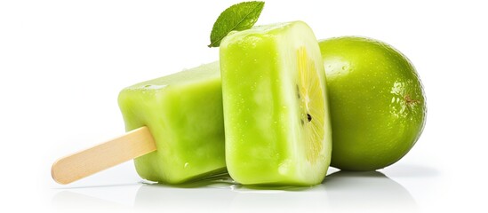 Sticker - Isolated white background with apple lime and pear flavored popsicle made from green fruit with copyspace for text