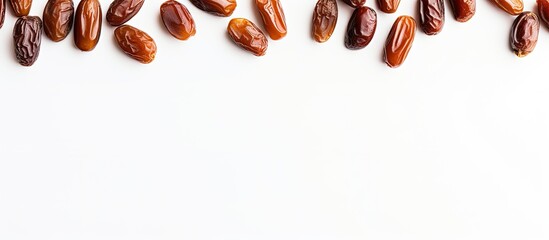 Poster - Food concept Dried dates creatively arranged on white background in a flat lay style with copyspace for text