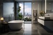 Bathroom with urban view, tiled floor, and serene ambiance. Promotes cleanliness and calmness. Generative AI