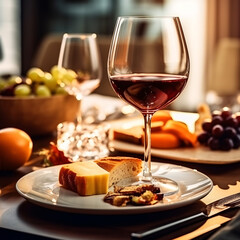 A glass of red wine on a table in a restaurant. Selective focus. Wineglass with red wine and grapes on the wooden table.
