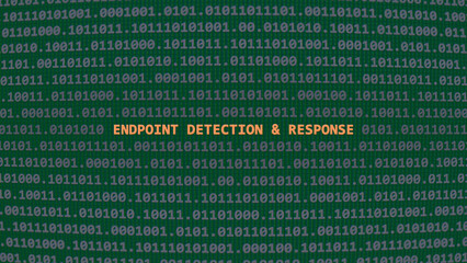 Cyber attack endpoint detection & response. Vulnerability text in binary system ascii art style, code on editor screen. Text in English, English text